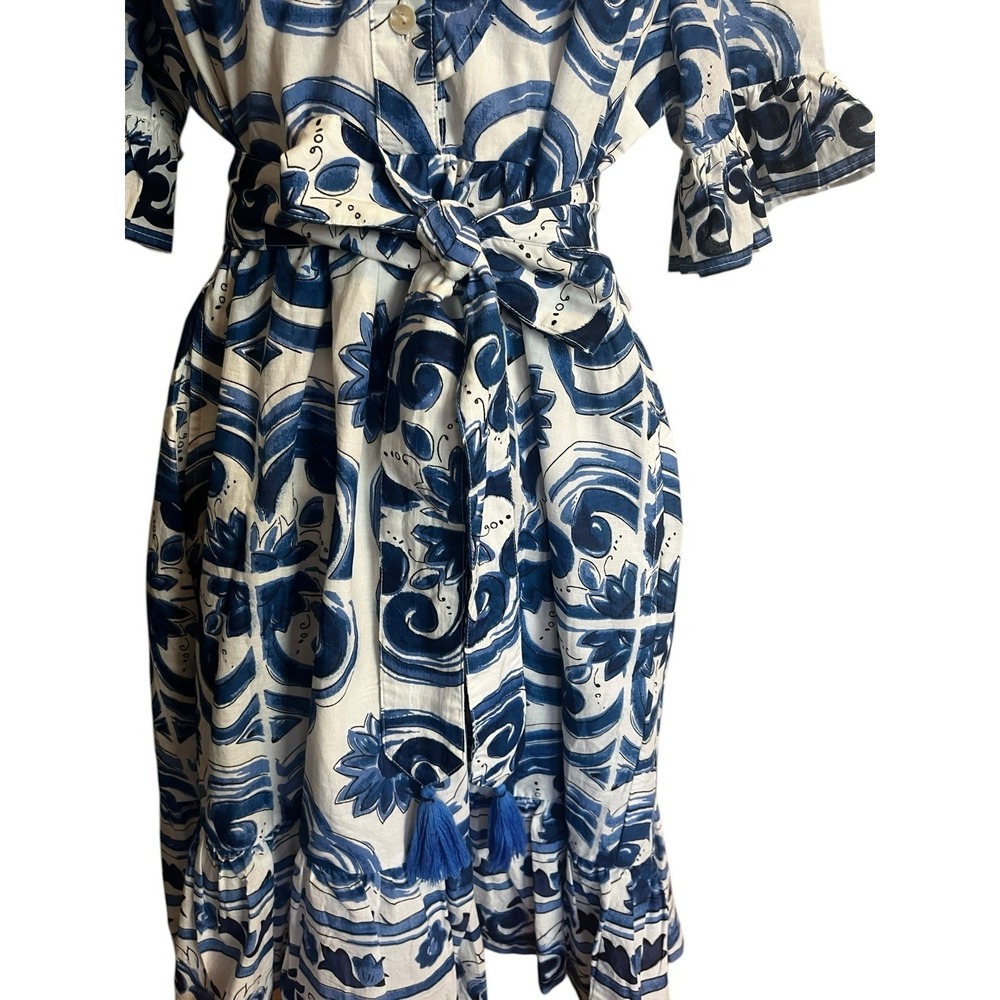 Uncle Frank Tile Pattern Dress Size Small Blue White Ruffle Collar Belted - Picture 7 of 10